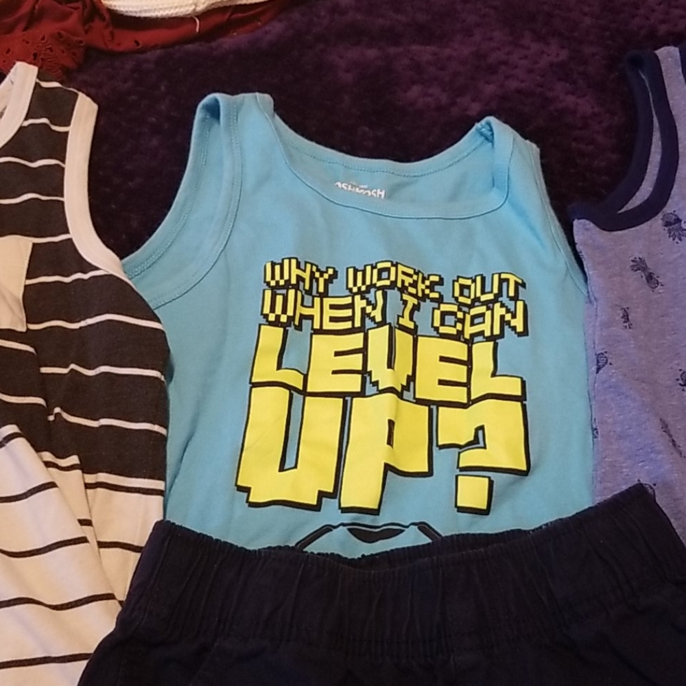 Little boys sleeveless tanks and cargo shorts.